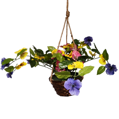 Trailing Pansy Flowers in 8" Hanging Bamboo Basket -