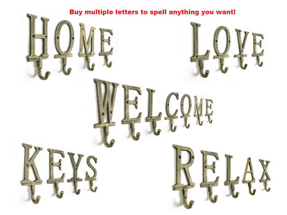 Rustic Gold Cast Iron Letter H Alphabet Wall Hook 6""