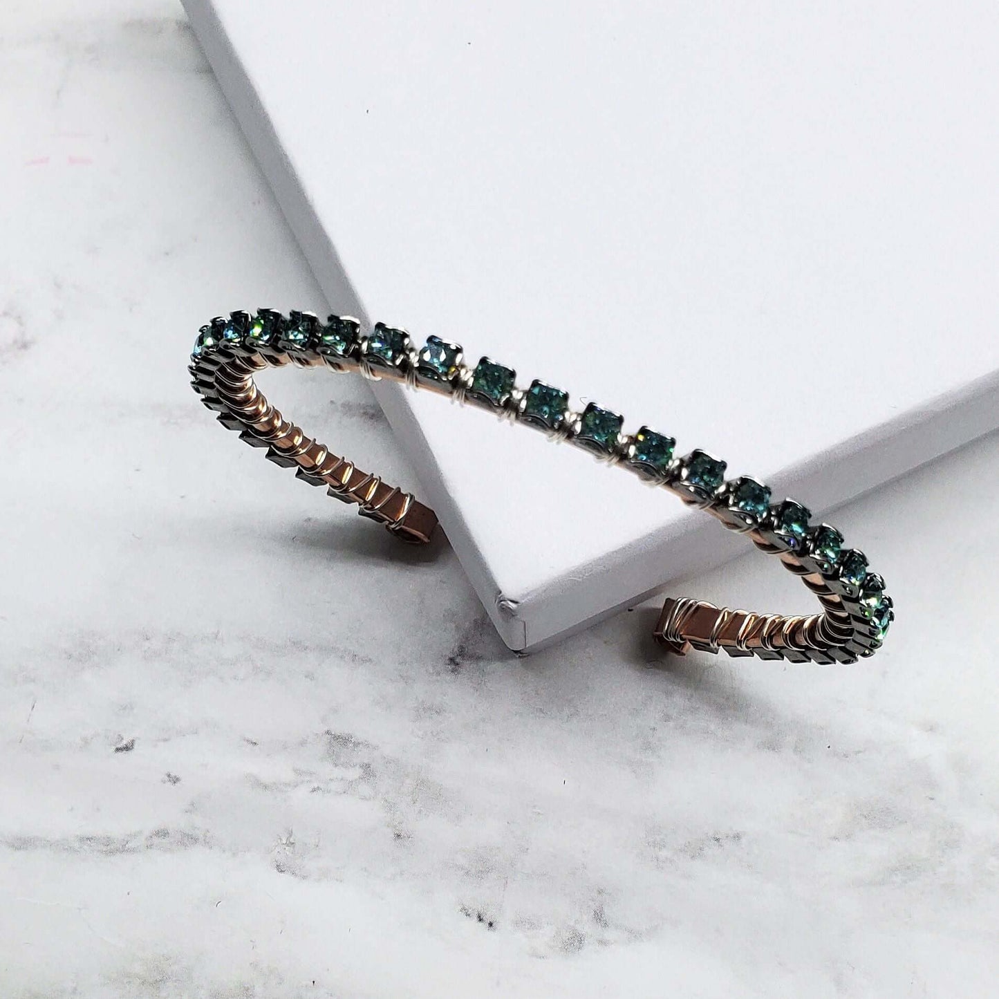 Wire Wrapped Turquoise Crystal Tennis Bangle Bracelet