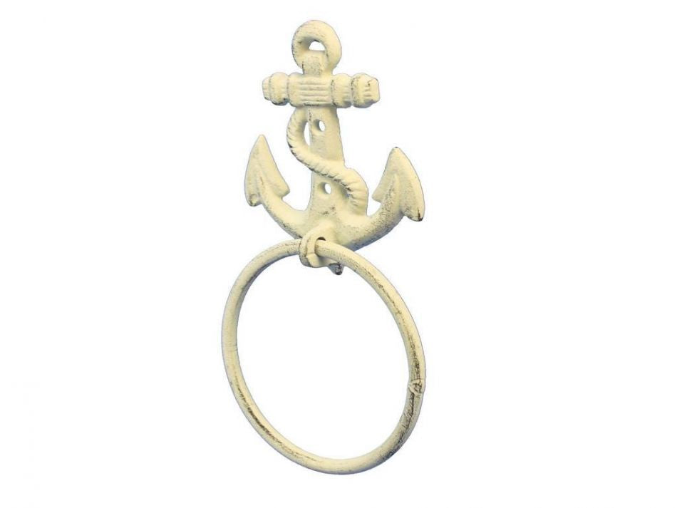 Whitewashed Cast Iron Anchor Towel Holder 8.5""