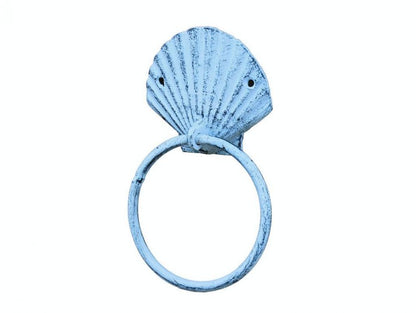 Rustic Dark Blue Whitewashed Cast Iron Seashell Towel Holder 8.5""