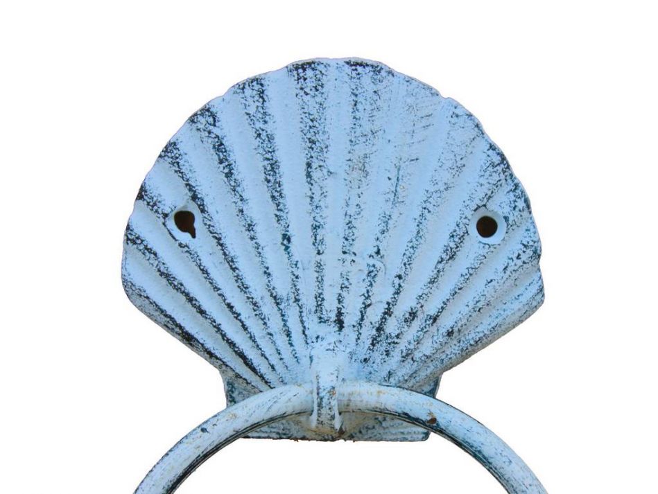 Rustic Dark Blue Whitewashed Cast Iron Seashell Towel Holder 8.5""