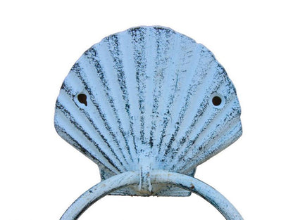 Rustic Dark Blue Whitewashed Cast Iron Seashell Towel Holder 8.5""