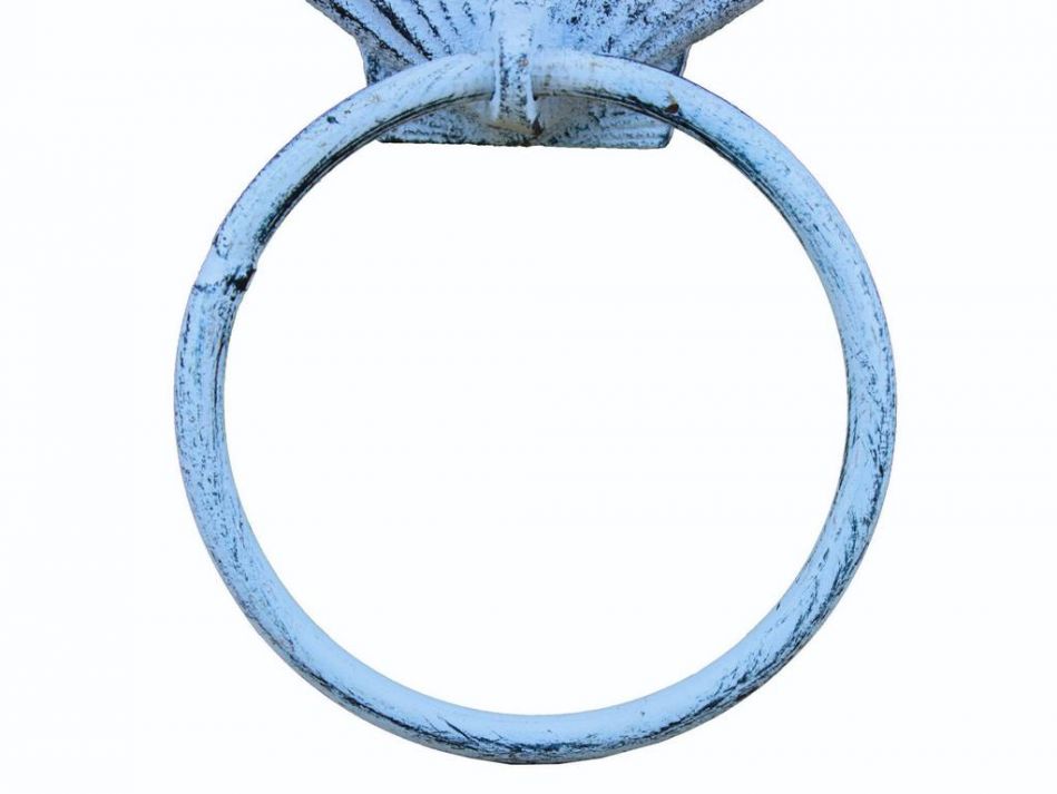Rustic Dark Blue Whitewashed Cast Iron Seashell Towel Holder 8.5""