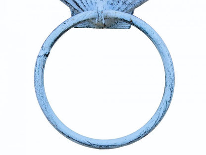 Rustic Dark Blue Whitewashed Cast Iron Seashell Towel Holder 8.5""