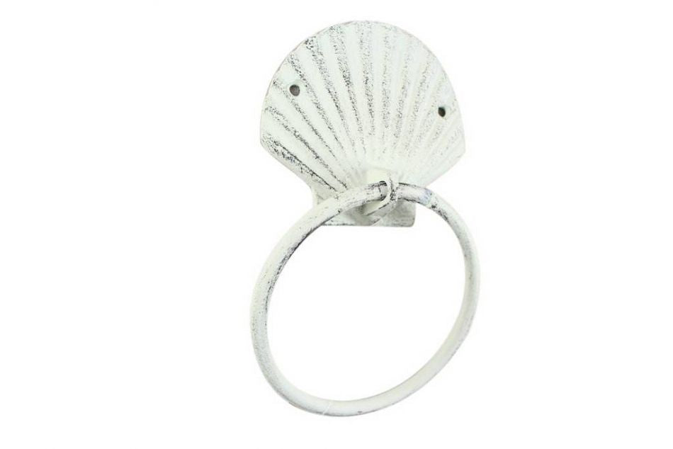 Rustic Whitewashed Cast Iron Seashell Towel Holder 8.5""