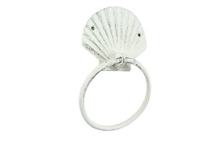 Rustic Whitewashed Cast Iron Seashell Towel Holder 8.5""