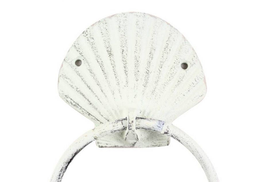 Rustic Whitewashed Cast Iron Seashell Towel Holder 8.5""