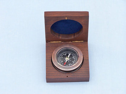 Antique Copper Paperweight Compass with Rosewood Box 3""