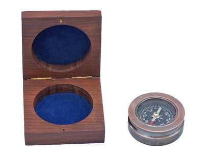 Antique Copper Paperweight Compass with Rosewood Box 3""