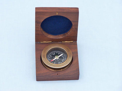 Antique Brass Paperweight Compass with Rosewood Box 3""