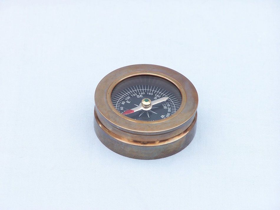 Antique Brass Paperweight Compass with Rosewood Box 3""