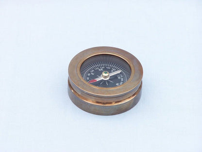Antique Brass Paperweight Compass with Rosewood Box 3""