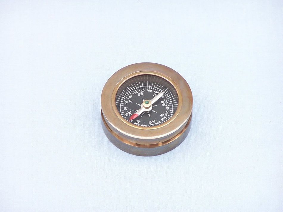 Antique Brass Paperweight Compass with Rosewood Box 3""