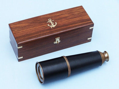 Deluxe Class Admiral's Antique Copper Leather Spyglass Telescope 27"" with Rosewood Box