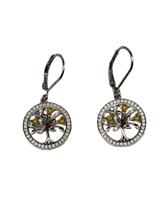 Sterling Silver CZ Gold Plated Tree of Life Earrings