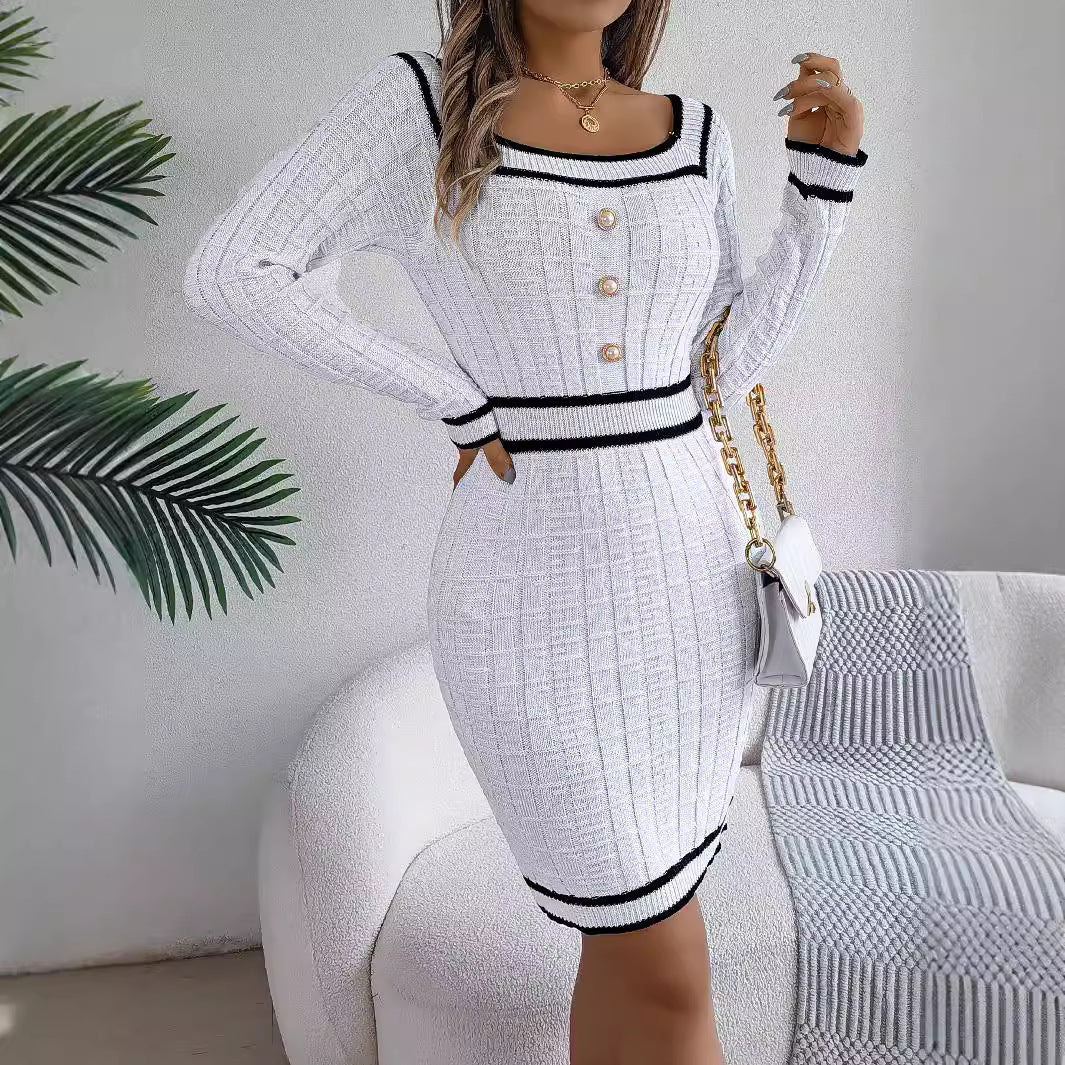 Women's Long-Sleeved Knit Sweater Dress - Elegant Slim-Fit Button Detail Hip Skirt