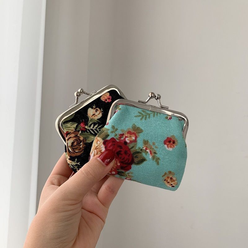 Retro Mini Canvas Coin Purse - Vintage Floral Plaid Small Zipper Wallet Organizer