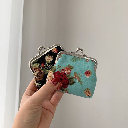 Retro Mini Canvas Coin Purse - Vintage Floral Plaid Small Zipper Wallet Organizer