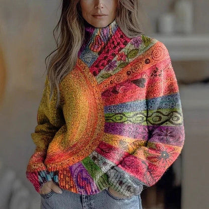 Elegant 3D Floral Print Turtleneck Sweater - Cozy Long Sleeve Pullover