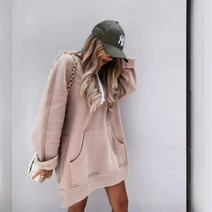 Women's Hooded Sweatshirt With Pockets Fashion Casual Split Mid-length Sweater Drawstring Tops