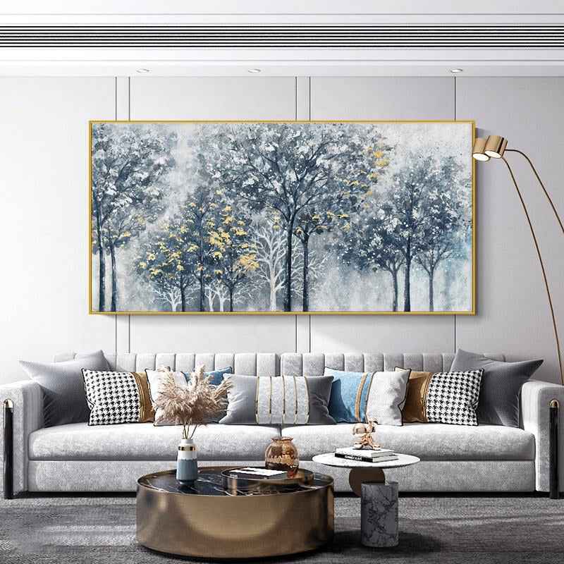 Handmade Abstract Silver-gray Forest Tree Texture Painting Wall Art On Canvas Hand Drawn New Blue And Golden Oil Painting For Home Decor