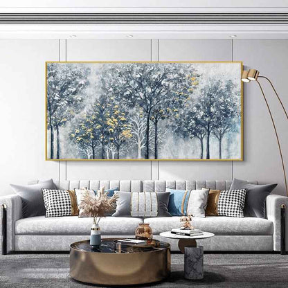 Handmade Abstract Silver-gray Forest Tree Texture Painting Wall Art On Canvas Hand Drawn New Blue And Golden Oil Painting For Home Decor