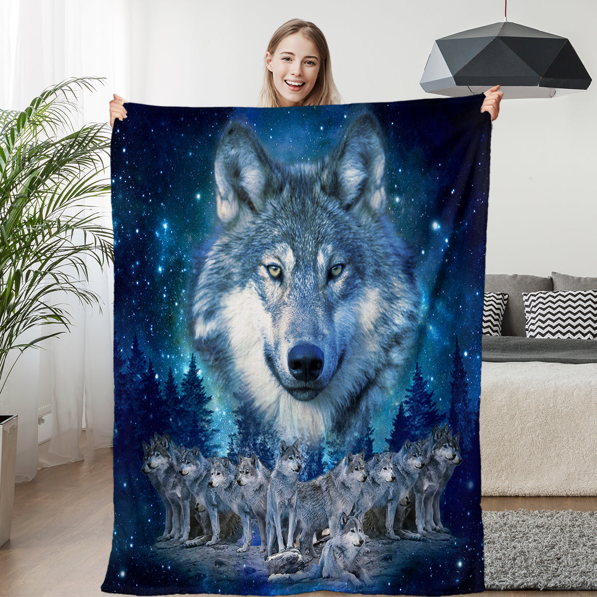 1pc Starry Wolf Pack Soft Printed Flannel Sofa Blanket Comfortable And Warm Home Use Suitable For Bed Sofa Camping And Multi Scene Seasonal Use