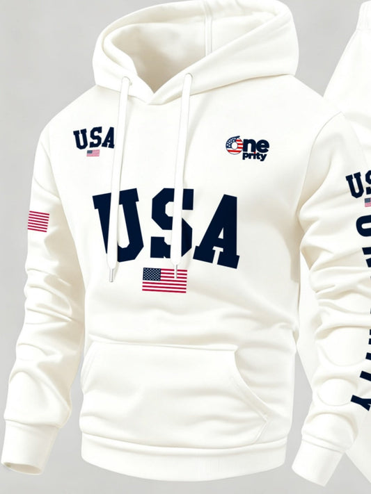 Men'S USA Flag Print Hoodie & Sweatpants Two-Piece Set - White with Red, White & Blue Design, Comfortable Warm Casual Streetwear Outfit, Regular Fit, Long Sleeve
