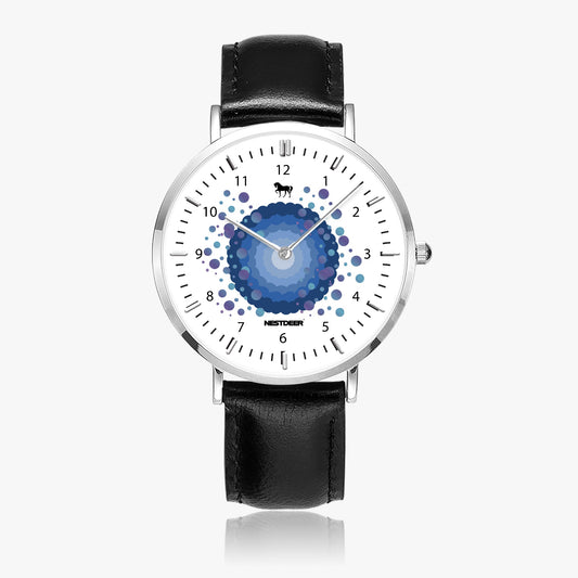 165. NESTDEER Ultra-Thin Leather Strap Quartz Watch (Silver With Indicators)