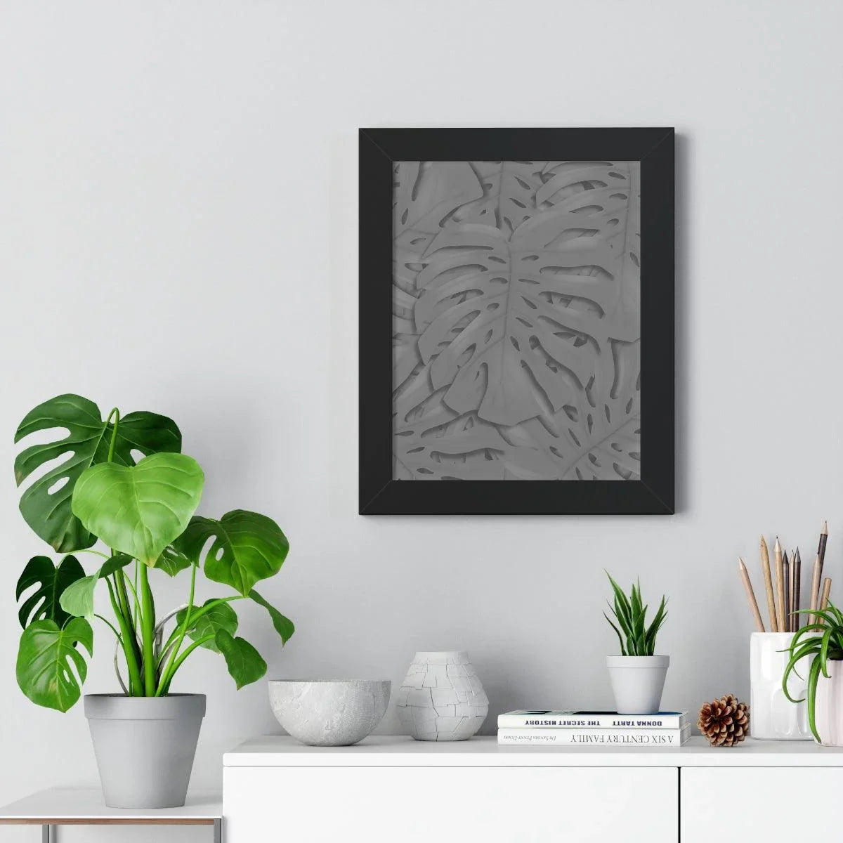 Grey Monstera Framed Print – Botanical Wall Art