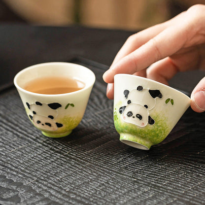 Ceramic Cup Hand Drawn Pile Carving Panda Wishing Cup