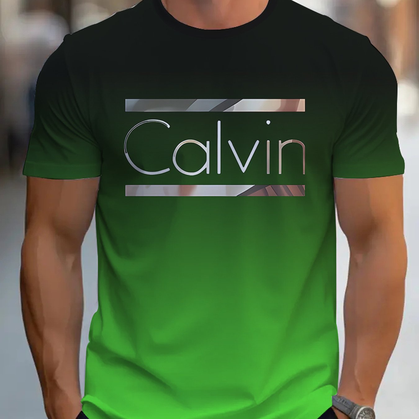 Summer Men'S 3D Digital Printing, Cool Gradual Change: "Calvin" Printed T-Shirt, Casual And Comfortable Versatile Men'S Round Neck Short Sleeves, Suitable for Daily And Sports Wear