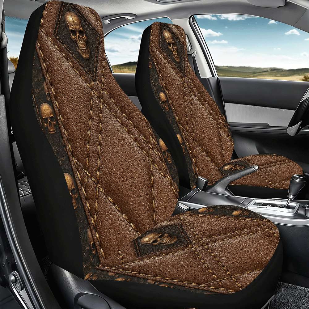 2pcs Brown Skull Car Seat Covers Suitable for Front Seats, High Back Design, Material, Suitable for Cars, SUVs and Trucks, Women's Car Accessories, Christmas Eve Scares, Halloween, Special Promotion Clearance.