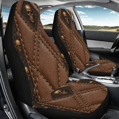 2pcs Brown Skull Car Seat Covers Suitable for Front Seats, High Back Design, Material, Suitable for Cars, SUVs and Trucks, Women's Car Accessories, Christmas Eve Scares, Halloween, Special Promotion Clearance.