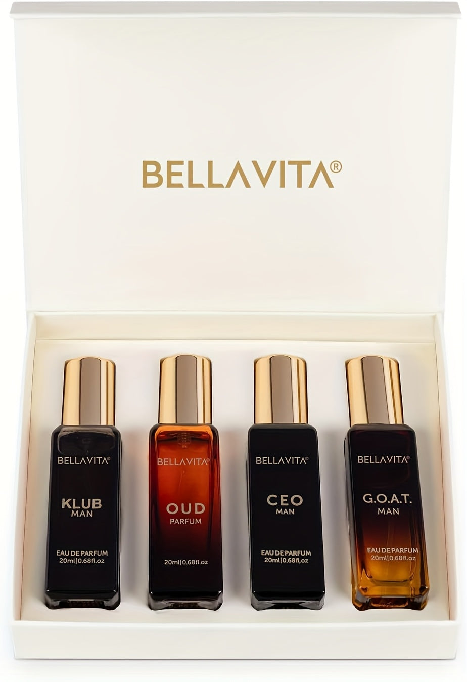 Bella Vita Luxury Long Lasting Perfume Gift Set for Man | 4x0.68oz | Gifts for Men | Woody, Citrusy, Oud, Premium Fragrance Scent | KLUB, OUD, CEO, G.O.A.T