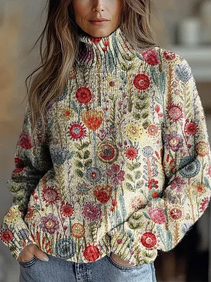 Elegant 3D Floral Print Turtleneck Sweater - Cozy Long Sleeve Pullover