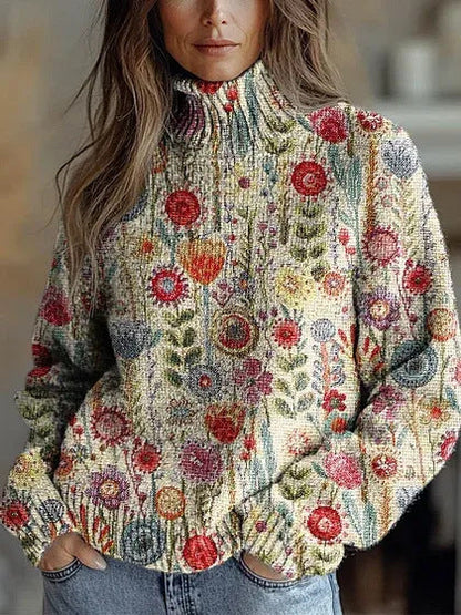 Elegant 3D Floral Print Turtleneck Sweater - Cozy Long Sleeve Pullover