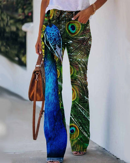 Womens 3D Patterned Flare Jeans - Artistic Printed High-Waisted Denim Trousers