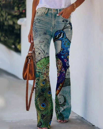 Womens 3D Patterned Flare Jeans - Artistic Printed High-Waisted Denim Trousers