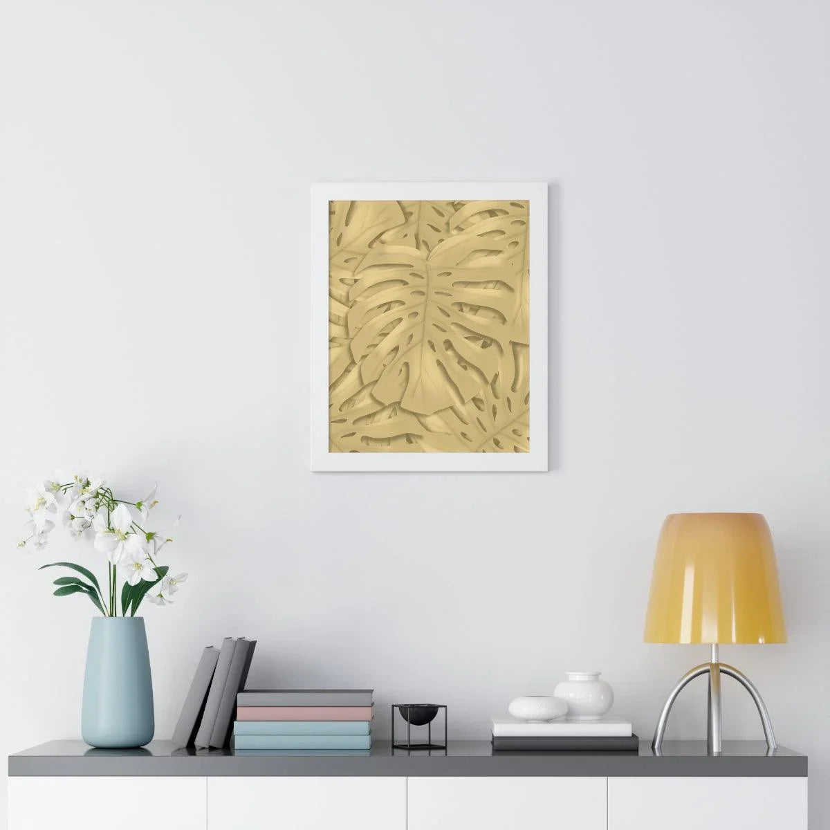 Golden Monstera Framed Print – Botanical Wall Art