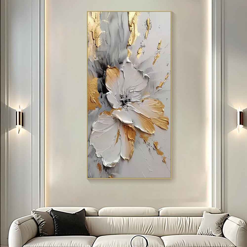 Handmade Oil Painting Canvas Wall Art Decoration Modern Abstract Rich Golden-White Floral For Home Living Room Decor Rolled Frameless Unstretched Painting