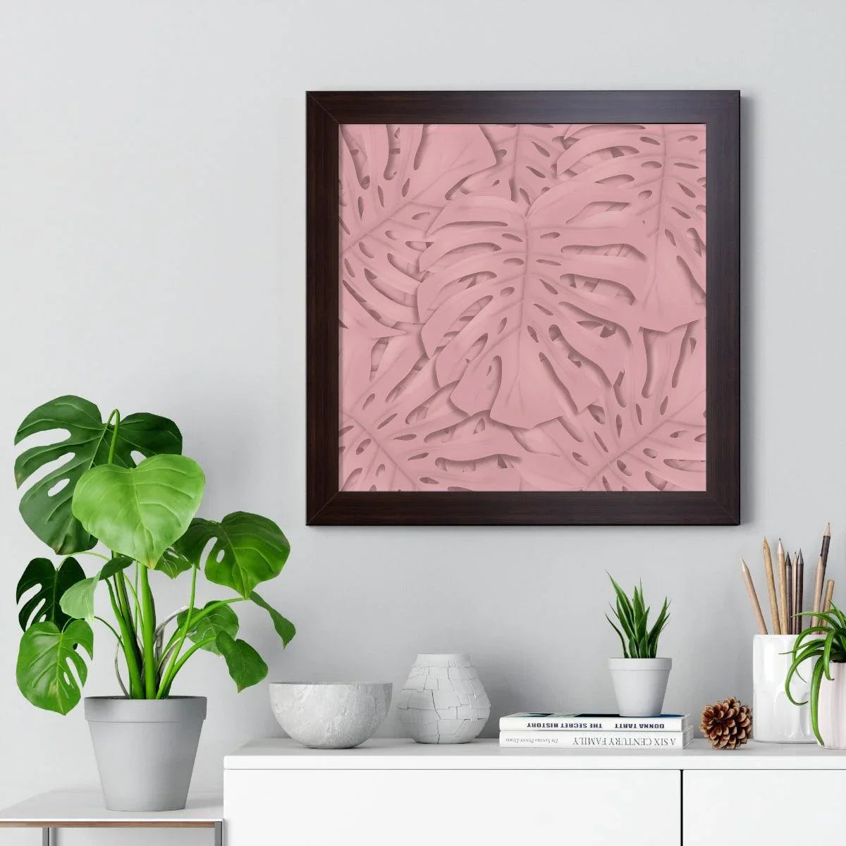 Soft Pink Monstera Framed Print – Botanical Wall Art