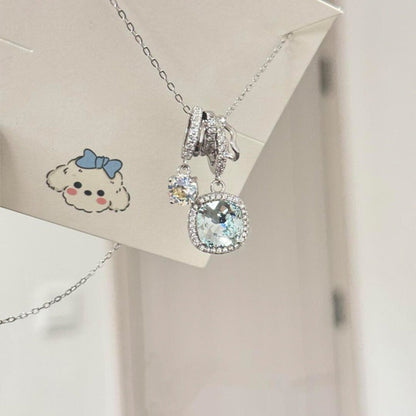 S925 Pure Silver Ice-clear Sea Blue Square Zircon Necklace