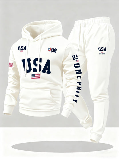 Men'S USA Flag Print Hoodie & Sweatpants Two-Piece Set - White with Red, White & Blue Design, Comfortable Warm Casual Streetwear Outfit, Regular Fit, Long Sleeve
