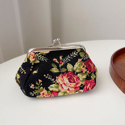 Retro Mini Canvas Coin Purse - Vintage Floral Plaid Small Zipper Wallet Organizer