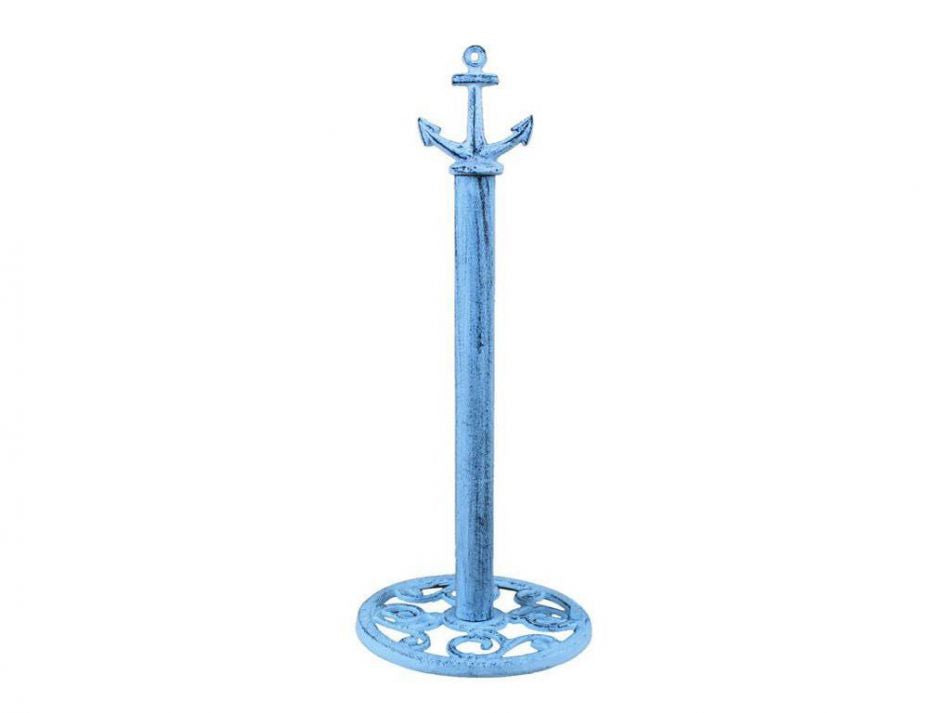 Rustic Dark Blue Whitewashed Cast Iron Anchor Extra Toilet Paper Stand 16""