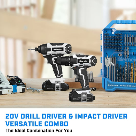Bielmeier 20V 3/8" Drill And 1/4" Impact Driver Combo Kit, Featuring a Driving Speed of 3200RPM And a Drilling Speed of 1500RPM, Designed to Be Lightweight, with Two Speed Settings, Including 33pcs of Drive Bits And Sockets,