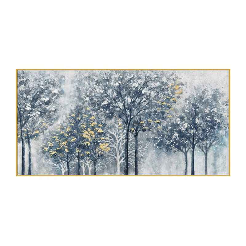 Handmade Abstract Silver-gray Forest Tree Texture Painting Wall Art On Canvas Hand Drawn New Blue And Golden Oil Painting For Home Decor