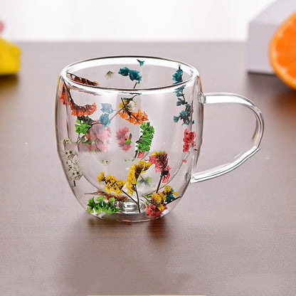 Creative Real Flower Heat-resistant Double Layer Glass Cup